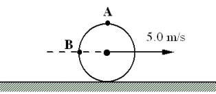 <strong>A 2.0-kg solid disk rolls without slipping on a horizontal surface so that its center proceeds to the right with speed 5.0 m/s. The point A is the uppermost point on the disk and the point B is along the horizontal line that connects the center of the disk to the rim. What is the instantaneous speed of point A with respect to the ground?</strong> A)zero m/s B)2.5 m/s C)5.0 m/s D)7.1 m/s E)10.0 m/s