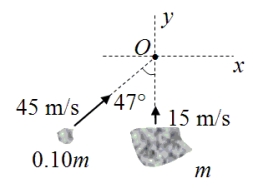<strong>Two asteroids are drifting in space with trajectories shown.Assuming the collision at point O between them is completely inelastic, at what angle from its original direction is the larger asteroid deflected? </strong> A)80° above the +x axis B)69° above the +x axis C)42° above the +x axis D)47° above the +x axis E)90° above the +x axis