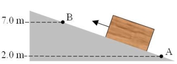 <strong>A 12-kg crate is pushed up an incline from point A to point B as shown in the figure.What is the change in the gravitational potential energy of the crate? </strong> A)+590 J B)-590 J C)+1200 J D)-1200 J E)This cannot be determined without knowing the angle of the incline.
