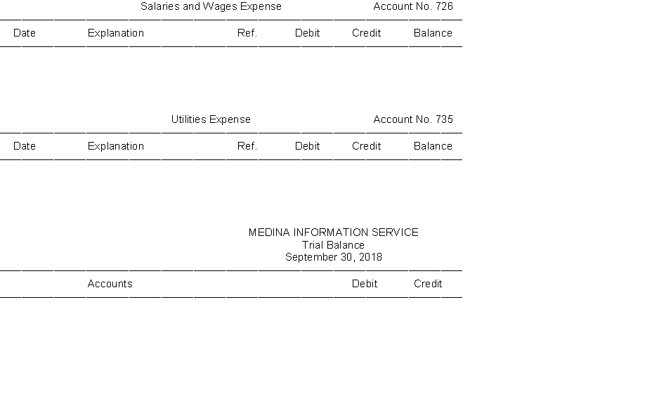 The transactions of Medina Information Service are recorded in the general journal below. You are to post the journal entries to the accounts in the general ledger. After all entries have been posted, you are to prepare a trial balance on the form provided.