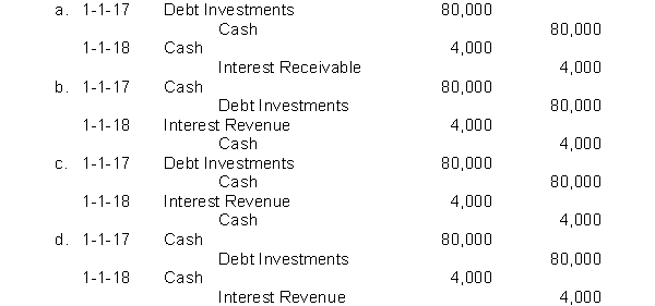 Porter Brothers Company purchased a debt investment for $80,000 on January 1, 2017. On January 1, 2018, Porter received cash interest of $4,000. Which of the following correctly presents the journal entries for the purchase and the receipt of interest?