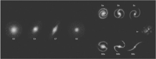 <strong>In this diagram, the galaxy at the left side is a(n) </strong> A) Seyfert. B) Spiral. C) Barred spiral. D) Elliptical. E) Irregular.