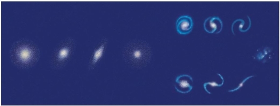 <strong>In this diagram, the galaxy at the left side is a(n) </strong> A) barred spiral. B) spiral. C) Seyfert. D) elliptical. E) irregular.