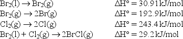 <strong>The bond enthalpy of the Br-Cl bond is equal to \Delta H° for the reaction BrCl(g) \rarr Br(g)+ Cl(g). Use the following data to find the bond enthalpy of the Br-Cl bond. </strong> A)219.0 kJ/mol B)203.5 kJ/mol C)14.6 kJ/mol D)438.0 kJ/mol E)407.0 kJ/mol