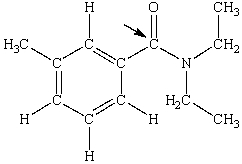 <strong>N,N-diethyl-m-tolumide (DEET)is the active ingredient in many mosquito repellents. What is the hybridization state of carbon indicated by the arrow in the structure of DEET shown below? </strong> A)sp B)sp<sup>2</sup> C)sp<sup>3</sup> D)sp<sup>3</sup>d E)sp<sup>3</sup>d<sup>2</sup>