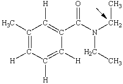 <strong>N,N-diethyl-m-tolumide (DEET)is the active ingredient in many mosquito repellents. What is the hybridization state of carbon indicated by the arrow in the structure of DEET shown below? </strong> A)sp B)sp<sup>2</sup> C)sp<sup>3</sup> D)sp<sup>3</sup>d E)sp<sup>3</sup>d<sup>2</sup>