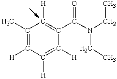 <strong>N,N-diethyl-m-tolumide (DEET)is the active ingredient in many mosquito repellents. What is the hybridization state of carbon indicated by the arrow in the structure of DEET shown below? </strong> A)sp B)sp<sup>2</sup> C)sp<sup>3</sup> D)sp<sup>3</sup>d E)sp<sup>3</sup>d<sup>2</sup>