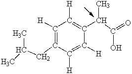 <strong>Ibuprofen is used as an analgesic for the relief of pain, and also to help reduce fever. What is the hybridization state of carbon indicated by the arrow in the structure of ibuprofen shown below? </strong> A)sp B)sp<sup>2</sup> C)sp<sup>3</sup> D)sp<sup>3</sup>d E)sp<sup>3</sup>d<sup>2</sup>