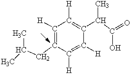 <strong>Ibuprofen is used as an analgesic for the relief of pain, and also to help reduce fever. What is the hybridization state of carbon indicated by the arrow in the structure of ibuprofen shown below? </strong> A)sp B)sp<sup>2</sup> C)sp<sup>3</sup> D)sp<sup>3</sup>d E)sp<sup>3</sup>d<sup>2</sup>