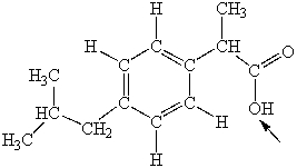 <strong>Ibuprofen is used as an analgesic for the relief of pain, and also to help reduce fever. What is the hybridization state of oxygen indicated by the arrow in the structure of ibuprofen shown below? </strong> A)sp B)sp<sup>2</sup> C)sp<sup>3</sup> D)sp<sup>3</sup>d E)sp<sup>3</sup>d<sup>2</sup>