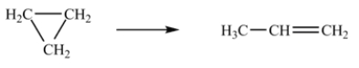 <strong>At 700 K, the rate constant for the following reaction is 6.2 *10<sup>-4</sup> min<sup>-1</sup>. How many minutes are required for 20% of a sample of cyclopropane to isomerize to propene?</strong> A)1,120 min B)360 min C)3710 min D)1.4 * 10<sup>-4</sup> min E)280 min
