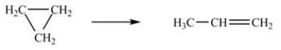 <strong>At 700 K, the rate constant for the following reaction is 6.2 <font face=symbol></font> 10<sup>-4</sup> min<sup>-1</sup>. How many minutes are required for 20% of a sample of cyclopropane to isomerize to propene?</strong> A)1,120 min B)360 min C)3710 min D)1.4 <font face=symbol></font> 10<sup>-4</sup> min E)280 min