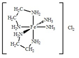 <strong>The coordination compound shown below has  </strong> A) two monodentate ligands and two bidentate ligands. B) three monodentate ligands and two bidentate ligands. C) four monodentate ligands and two bidentate ligands. D) one monodentate ligand and four bidentate ligands. E) four bidentate ligands. <div style=padding-top: 35px> 
