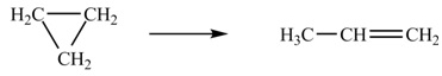 <strong>At 700 K, the rate constant for the following reaction is 6.2 * 10<sup>-4</sup> min<sup>-1</sup>. How many minutes are required for 20% of a sample of cyclopropane to isomerize to propene</strong> A) 1,120 min B) 360 min C) 3710 min D) 1.4 * 10<sup>-4</sup> min E) 280 min