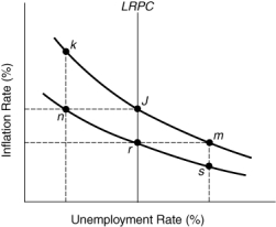 Use the following to answer questions  Figure: Determining Long Run and Short Run Economic Shifts   -(Figure: Determining Long Run and Short Run Economic Shifts)Starting at point j,the economy will move to ____ in the long run if policymakers reduce aggregate demand.