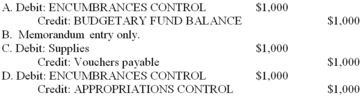 Note: This is a Kaplan CPA Review Question Albee Township's fiscal year ends on June 30. Albee uses encumbrance accounting. On April 5, 20X5, an approved $1,000 purchase order was issued for supplies. Albee received these supplies on May 2, 20X5, and the $1,000 invoice was approved for payment. What journal entry should Albee make on April 5, 20X5, to record the approved purchase order?