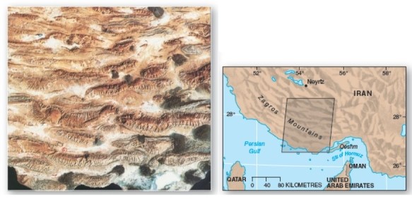 <strong> The Zagros Mountains of Iran is an example of which of the following?</strong> A)A series of faulted mountain blocks. B)A zone of tension. C)A zone of shearing motions. D)A zone of compression and folding.