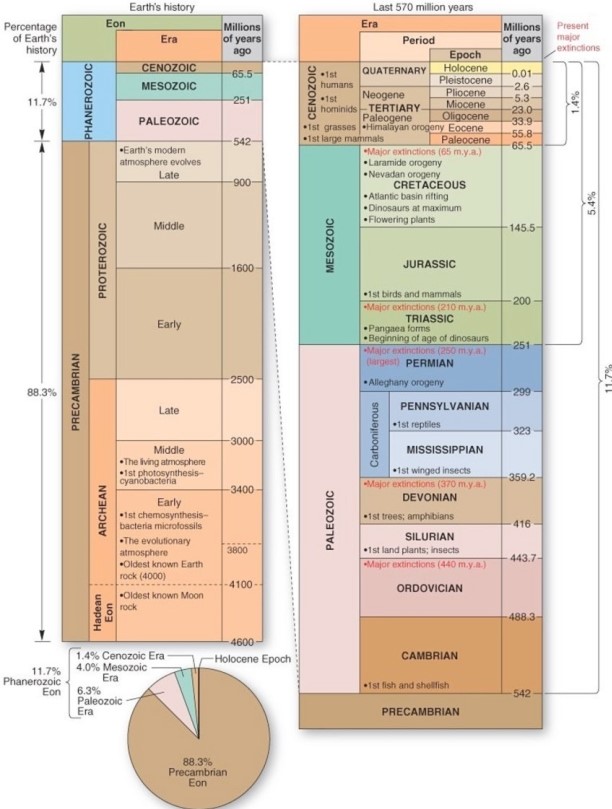 <strong> The Precambrian Eon encompasses what percentage of Earth's total history?</strong> A)0)04%. B)5%. C)11.7%. D)88.3%.
