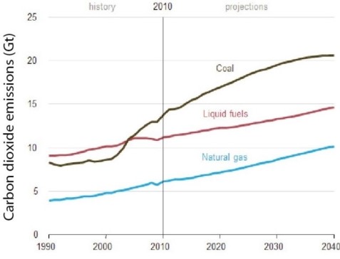 <strong> Which describes CO2 emissions since 1990?</strong> A)These have increased for all fuel types,with projections of future increases for all fuel types. B)These increased through the 1990s and 2000s,but are projected to decrease in the coming decades. C)These increased overall.However,these increases varied by fuel type,with coal actually showing a decrease. D)These decreased through the 1990s and 2000s,but are projected to increase again in the coming decades due to rapid population growth in less developed nations.