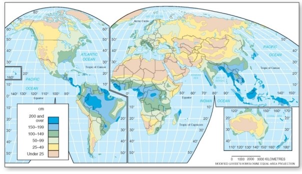 <strong>  Regarding average annual precipitation,which of the following is correct?</strong> A)The highest amounts occur throughout subtropical latitudes. B)The drier regions are associated with the eastern portions of major landmasses. C)The precipitation tends to increase with latitude toward the poles. D)The highest average values occur along the equator. <div style=padding-top: 35px> 