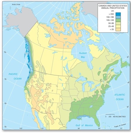 <strong>  Which of the following is true of precipitation in North America?</strong> A)The highest amounts occur in the Southwest and Midwest. B)The highest amounts occur in the Southeast and extreme South. C)The lowest amounts are received in the Midwest. D)The lowest amounts are received near Hudson Bay. <div style=padding-top: 35px> 