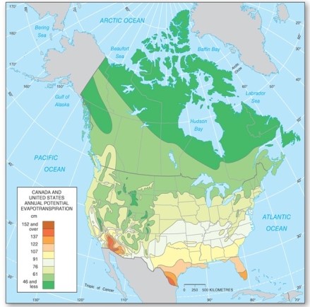 <strong>  Which of the following is true of evapotranspiration in North America?</strong> A)The lowest amounts occur in the Southwest and southern Texas. B)The lowest amounts occur in northern Canada. C)The highest amounts are received in the Midwest. D)The highest amounts are received along the Pacific coast. <div style=padding-top: 35px> 