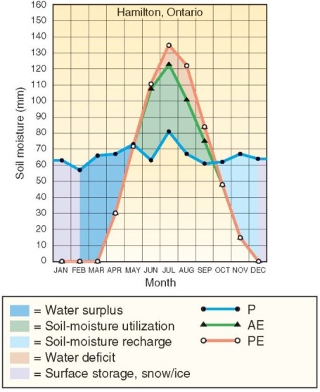 <strong>  The water balance for Hamilton,Ontario exhibits which of the following?</strong> A)A net water surplus (S)during each month of the year. B)Net demands for water for 10 months of the year. C)Water deficits in the summer months. D)Water deficits each month of the year. <div style=padding-top: 35px> 