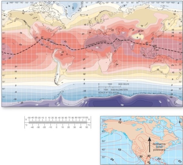 <strong> Which of the following best describes the thermal equator in July?</strong> A)It trends equatorward over continents and poleward over the oceans. B)It trends poleward over continents and equatorward over the oceans. C)It assumes an orientation that closely parallels that of the equator. D)It is apparently random and has yet to be adequately explained.