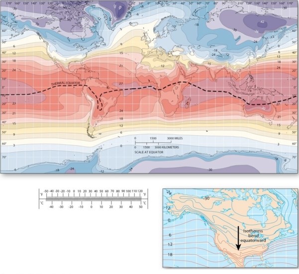 <strong> Which of the following best describes the thermal equator in January?</strong> A)It trends southward into the interior of South America and Africa. B)It trends northward over all ocean basins. C)It peaks in the interior of Eurasia. D)It is not influenced by continentality.