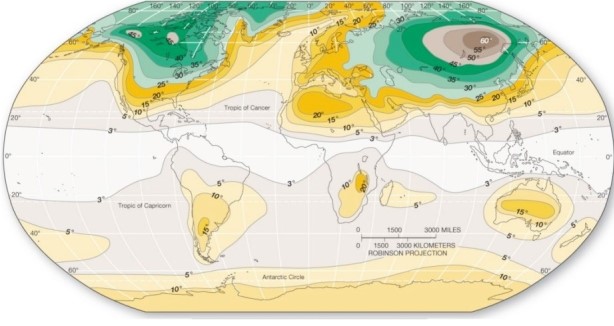 <strong> Which best describes global annual temperature ranges?</strong> A)The lowest ranges occur over continental interiors in the Northern Hemisphere. B)The greatest ranges occur in the subtropics over the oceans. C)The greatest ranges occur over the continental masses in the Southern Hemisphere. D)The greatest ranges occur in east central Siberia in Russia.