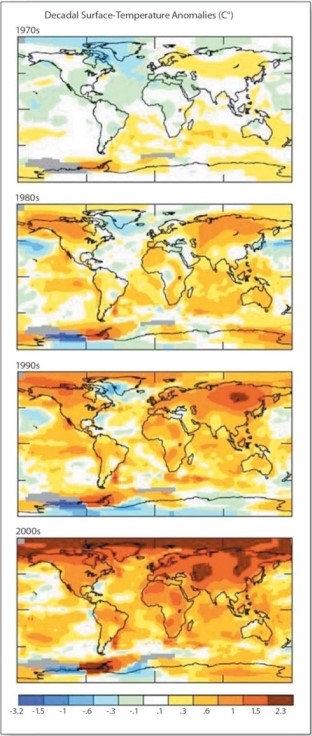 <strong> Based on the maps,which of the following is true?</strong> A)The 1970s had the greatest degree of temperature anomalies. B)The greatest temperature anomalies of the 1980s accorded in the North Atlantic Ocean. C)There were no significant temperature anomalies in the 1990s. D)The 2000s showed widespread temperature anomalies worldwide.