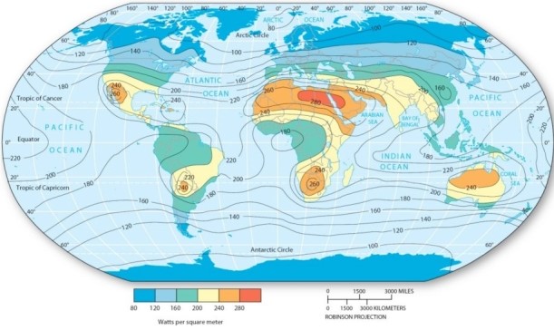 <strong>  With reference to the figure above,which of the following is true?</strong> A)The poles receive the highest amount of insolation. B)Th highest levels of insolation occur in the equatorial and tropical latitudes. C)There is always a very predictable latitudinal gradient of insolation. D)Insolation is equal at all surfaces across the globe. <div style=padding-top: 35px> 