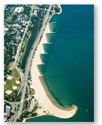 <strong>  These features on the shore of Lake Michigan disrupt sediment movement along a coast.</strong> A)Breakwaters B)Groins C)Jetties D)Tombolos <div style=padding-top: 35px> 