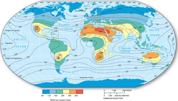 <strong>  Which of the following is true?</strong> A) The poles receive the highest amount of insolation. B) Th highest levels of insolation occur in the equatorial and tropical latitudes. C) There is always a very predictable latitudinal gradient of insolation. D) Insolation is equal at all surfaces across the globe. <div style=padding-top: 35px> 