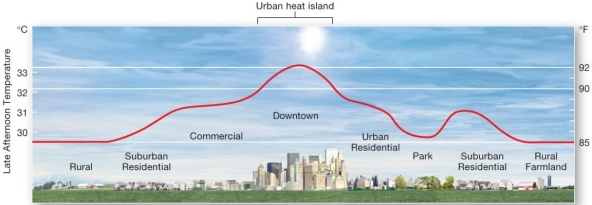 <strong>  Following the urban heat island profile from rural areas to a typical downtown urban area, which of the following is true?</strong> A) Commercial and urban residential areas have the highest late afternoon temperatures. B) Large urban parks do not mitigate against the urban heat island. C) On average, urban areas are 1 to 3°C higher than nearby rural areas. D) The temperature variations between urban and rural environments are negligible. <div style=padding-top: 35px> 