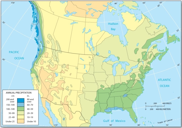 <strong>  Which of the following is true of precipitation in North America?</strong> A) The highest amounts occur in the Southwest and Midwest. B) The highest amounts occur in the Southeast and extreme South. C) The lowest amounts are received in the Midwest. D) The lowest amounts are received near Hudson Bay. <div style=padding-top: 35px> 