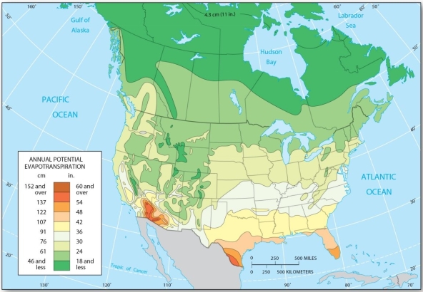 <strong>  Which of the following is true of evapotranspiration in North America?</strong> A) The lowest amounts occur in the Southwest and southern Texas. B) The lowest amounts occur in northern Canada. C) The highest amounts are received in the Midwest. D) The highest amounts are received in the U.S. Pacific Northwest. <div style=padding-top: 35px> 