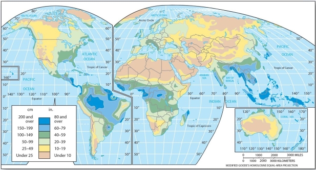<strong>  Regarding average annual precipitation, which of the following is correct?</strong> A) The highest amounts occur throughout subtropical latitudes. B) The drier regions are associated with the eastern portions of major landmasses. C) The precipitation tends to increase with latitude toward the poles. D) The highest average values occur along the equator. <div style=padding-top: 35px> 