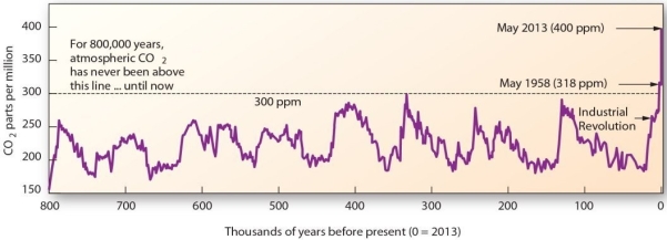 <strong>  Carbon dioxide (CO₂ ) concentrations over the past 800,000 years</strong> A) have remained relatively constant. B) were much higher in the past than the present. C) fluctuated over time, but have been increasing since the Industrial Revolution. D) reached its maximum about 325,000 years before present. <div style=padding-top: 35px> 