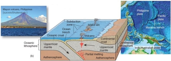 <strong>  What type of convergent boundary associated with orogeny is illustrated here?</strong> A) oceanic plate-continental plate collision B) oceanic plate-oceanic plate collision C) continental-plate-continental plate collision <div style=padding-top: 35px> 