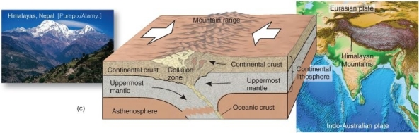 <strong>  What type of convergent boundary associated with orogeny is illustrated here?</strong> A) oceanic plate-continental plate collision B) oceanic plate-oceanic plate collision C) continental-plate-continental plate collision <div style=padding-top: 35px> 