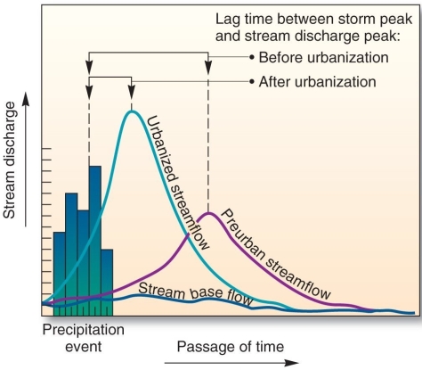 <strong> The effect of urbanization on a typical stream hydrograph is to</strong> A) create a base flow. B) increase lag time between storm peak and peak stream discharge. C) decrease runoff. D) decrease lag time between storm peak and peak stream discharge.
