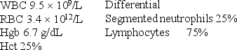 <strong>The CBC results for a 3-month-old child are as follows: The absolute lymphocyte count in this patient would be:</strong> A) 1.2 <font face=symbol></font> 10<sup>9</sup>/L B) 2.4 <font face=symbol></font> 10<sup>9/</sup>L C) 7.1 <font face=symbol></font> 10<sup>9</sup>/L D) 7.5 <font face=symbol></font> 10<sup>9</sup>/L