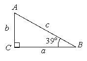 In the triangle below, c = 103.00 yd. Solve the triangle for sides a and b. Round sides to the nearest 100th of a unit.