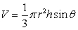 Use the following to answer questions : The volume of a cone is given by the formula where r is the radius, h is the height of the cone, and \theta is the indicated complement of the angle of deflection \alpha . Note that when , the formula becomes that of a right circular cone (if , then h is called the slant height or lateral height of the cone). -What angle \theta was used if the radius is 8 ft, the slant height is 2 ft, and the volume of the cone is 104 ft<sup>3</sup>?