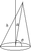 Use the following to answer questions : The volume of a cone is given by the formula where r is the radius, h is the height of the cone, and \theta is the indicated complement of the angle of deflection \alpha . Note that when , the formula becomes that of a right circular cone (if , then h is called the slant height or lateral height of the cone). -What angle \theta was used if the radius is 8 ft, the slant height is 2 ft, and the volume of the cone is 104 ft<sup>3</sup>?