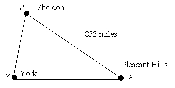 <strong>A pilot wishes to fly from Pleasant Hills to Sheldon. She calculates the distances shown using a map, with York for reference since it is due east from Pleasant Hills. What heading should she set for this trip (i.e., what is the measure of angle P)? 91 miles 790 miles</strong> A) 3.8° B) 4.7° C) 5.9° D) 6.6°