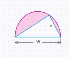 <strong>A triangle is inscribed in a semicircle of diameter 6R. Show that the smallest possible value for the area of the shaded region is . Hint: The area of the shaded region is a minimum when the area of the triangle is a maximum. Find the value of x that maximizes the square of the area of the triangle. This will be the same x that maximizes the area of the triangle.</strong> A) The hint tells us that the area of the region is a minimum when the area of the triangle is a maximum. We first find the value of x that maximizes the square of the area of the triangle. The area of the triangle is equal to . The square of the area of the triangle is equal to , and the substitution will transform this expression into the quadratic function Since we want to find the maximum value of t, we will substitute the value into the equation. Solving for t gives us the following minimum area of the shaded region: . B) The hint tells us that the area of the region is a minimum when the area of the triangle is a maximum. We first find the value of x that maximizes the square of the area of the triangle. The area of the triangle is equal to . The square of the area of the triangle is equal to The substitution will transform this expression into the quadratic function Since the graph of equation (1) will be a parabola opening downward, the input t that yields a maximum value for this function is Substituting the value into the equation gives us and consequently (The negative root can be rejected since the side of a triangle can't be negative). With this value of x, we can calculate the minimum area of the shaded region. The minimum area of the shaded region is equal to Substituting the value in the equation (2) gives us that the minimum value of the shaded region is equal to . C) The hint tells us that the area of the region is a minimum when the area of the triangle is a maximum. We first find the value of x that maximizes the square of the area of the triangle. The square of the area of the triangle is equal to . The substitution will transform this into the quadratic function Since the graph of equation (1) will be a parabola opening downward, the input t that yields a maximum value for this function is Substituting the value into the equation gives us and consequently . With this value of x, we can calculate the minimum area of the shaded region. The minimum area of the shaded region is equal to Substituting the value into the equation (2), we find that the minimum value of the shaded region is equal to . D) The hint tells us that the area of the region is a minimum when the area of the triangle is a maximum. We first find the value of x that maximizes the square of the area of the triangle. The square of the area of the triangle is equal to , which is a quadratic function. The graph of this function will be a parabola opening downward, so we can write the maximum value of this function as: We can then write as and calculate the minimum area of the shaded region. Substituting this value into the area equation, we find its minimum area: . E) The hint tells us that the area of the region is a minimum when the area of the triangle is a maximum. We first find the value of x that maximizes the square of the area of the triangle. The square of the area of the triangle is equal to . The substitution will transform this into the quadratic function Since the graph of equation (1) will be a parabola opening downward, the input t that yields a maximum value for this function is Substituting the value into the equation gives us and consequently . With this value of x, we can calculate the minimum area of the shaded region. The minimum area of the shaded region is equal to Substituting the value into the equation (2), we find that the minimum value of the shaded region is equal to .