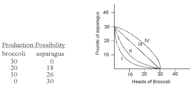 <strong>The production possibility table below on the left is for growing broccoli and asparagus in a 320-square-foot garden in one season. Which curve on the graph on the right corresponds to this table?</strong> A)I B)II C)III D)IV