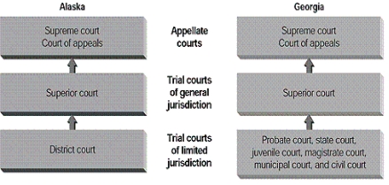 <strong>According to the figure,why is Georgia considered to have an unreformed court structure? </strong> A) It has neither reduced the number of courts nor standardized their names. B) It has fewer trial courts of limited jurisdiction than does Alaska. C) It uses a nonstandard name for the appellate courts. D) It uses a nonstandard name for the trial courts of general jurisdiction.